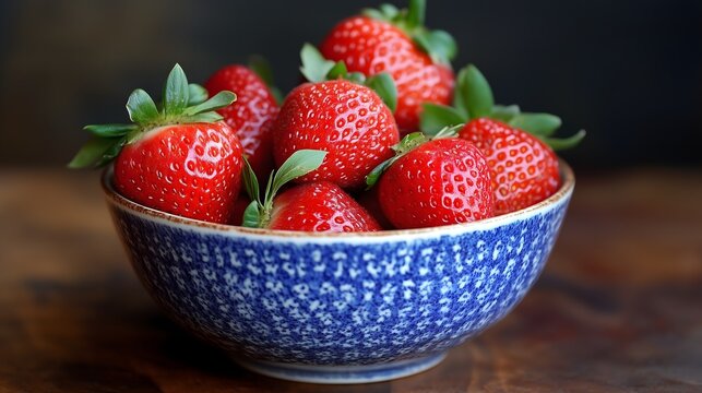 Fresh ripe strawberries in blue ceramic bowl on wooden table