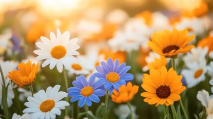 Vibrant Colorful Daisies Blooming In Golden Sunlight