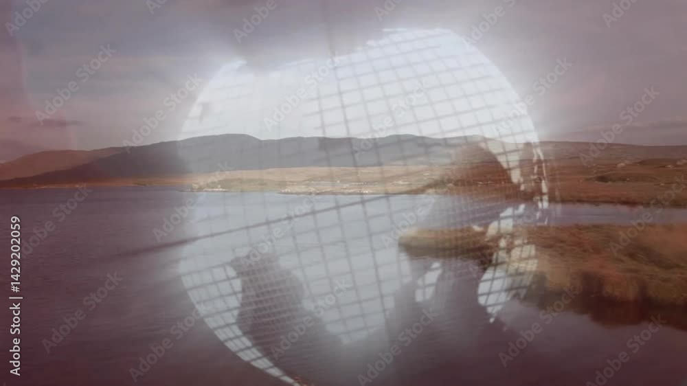 Poster digital wireframe globe floating over rural lakeside scene, showing grid pattern in 3d render