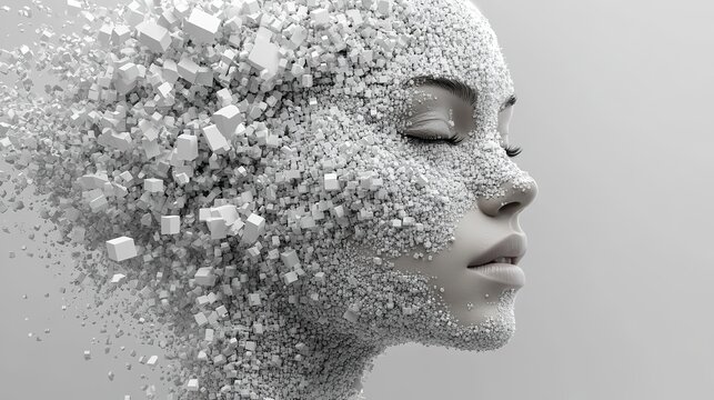 White cubes exploding from a woman's head symbolize information overload, stress, burnout, and mental health issues in a conceptual 3D render.