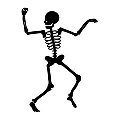 Silhouette of a black skeleton dancing and celebrating in a spooky style