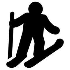 Silhouette of a person skiing downhill with poles on a white background