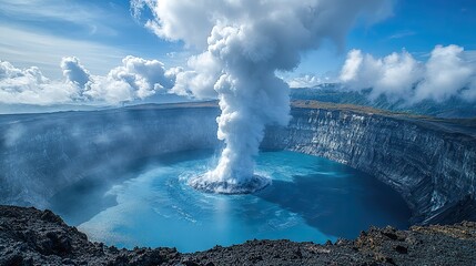 White plumes rise from a caldera of dormant energy
