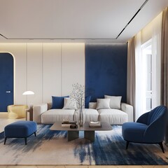Modern interior design of a family room with white and blue nuances