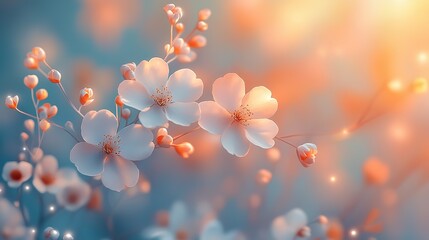 White wildflowers grow against a dreamy pastel teal and orange gradient background, creating a soft, romantic atmosphere.