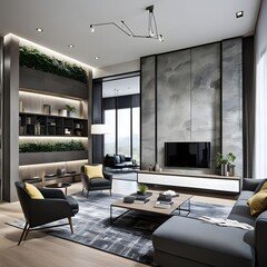 Interior design of an industrial luxury living room concept, black and white nuances
