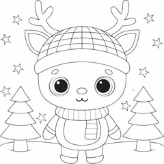 Cute Deer Santa Hat Christmas Coloring Page, drawing design