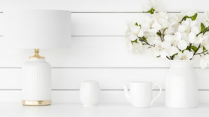 White Tabletop Decor With Flowers And Lamp