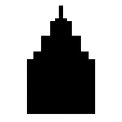 Minimalist pixelated black silhouette of a building, evokes a geometric cityscape