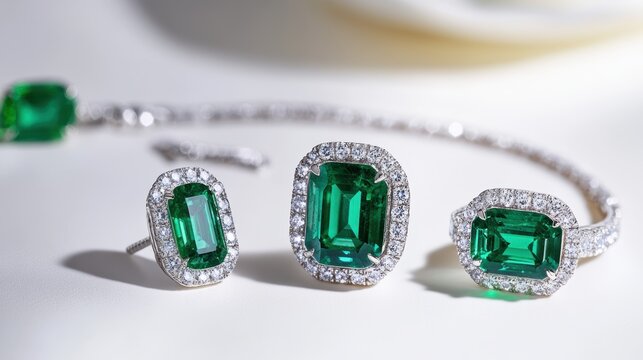Elegant emerald jewelry set with emerald-cut emeralds on earrings, necklace, and ring, isolate on white background