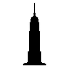 A silhouette of a tall building with a spire against a white background