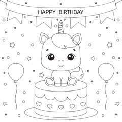 Happy Birthday Unicorn Cake Coloring Page, drawing design