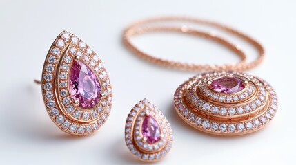 Naklejka premium Luxurious rose gold jewelry set with radiant diamonds and pink sapphires on earrings, necklace, and ring, isolate on white background