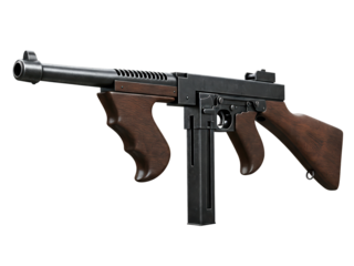 Photorealistic image of a Thompson submachine gun M1A1, with stick magazine, side view, isolated on transparent background ,PNG.