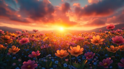 Wildflowers basking in the warm sunset glow create a tranquil, stunning natural scene in a vibrant field, showcasing the beauty of the evening.