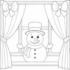 Snowman at Window Coloring Page Winter, drawing design