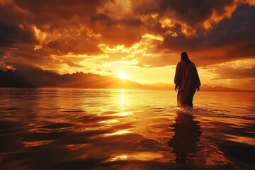 A powerful image of Jesus walking on water, with the waters parting and a stunning sunset backdrop