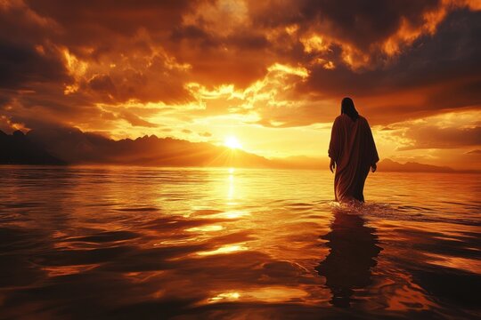 A powerful image of Jesus walking on water, with the waters parting and a stunning sunset backdrop