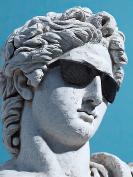 Apollo Belvedere's head, showcasing his idealized features with black pixel sunglasses