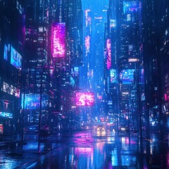 Neon-lit city street at night, wet pavement reflecting vibrant digital displays