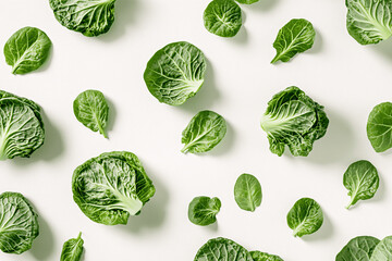 Flat Lay of Fresh Green Cabbage on White Background, Minimalist Food Photography Top View