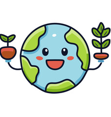 Cute Earth Cartoon Holding Plant Pot &ndash; Environmental Awareness and Eco-Friendly Concept

