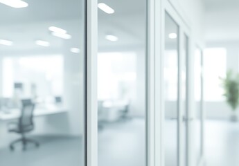 Modern office interior view through glass doors