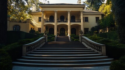 Naklejka premium Grand estate mansion with ornate staircase and lush landscaping.
