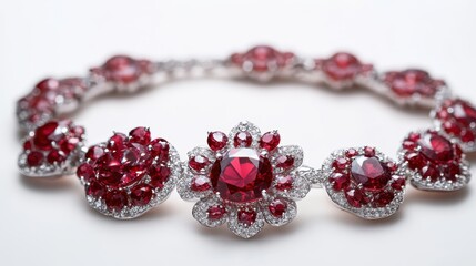 Timeless ruby jewelry set with radiant red rubies on earrings, necklace, and matching ring, isolate on white background