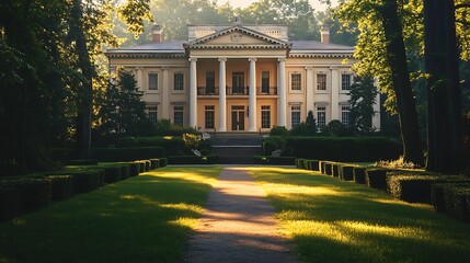 Obraz premium Elegant estate mansion bathed in morning sunlight.
