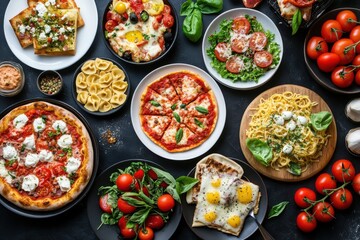 Delicious Italian feast with pizza pasta ravioli and bruschetta beautifully arranged on dark background