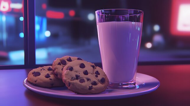 Glass of milk with chocolate chip cookies on a plate