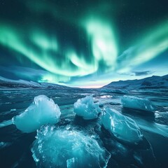 Fototapeta premium Aurora Borealis over glacial ice