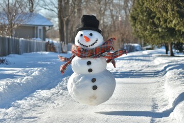Naklejka premium Hilarious snowman dashes through snow with scarf flying and hat bouncing in winter wonderland fun