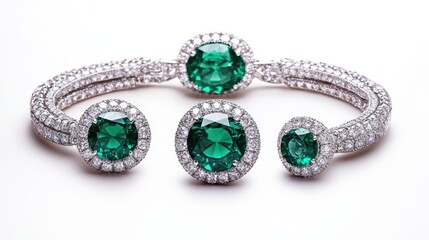 Classic emerald jewelry set with bright green emeralds on earrings, necklace, and ring, isolate on white background