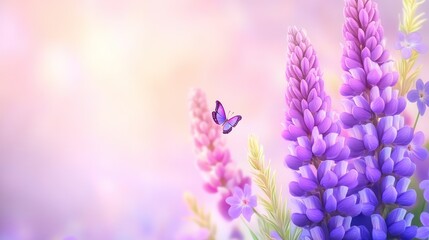 Obraz premium Purple Lupines and Butterfly in a Soft Spring Meadow