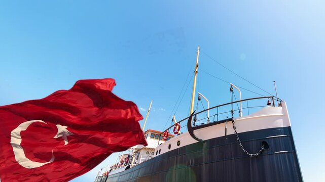 19 mayis or may 19 concept video. Waving turkish Flag with Bandirma Ship or Bandirma Vapuru.