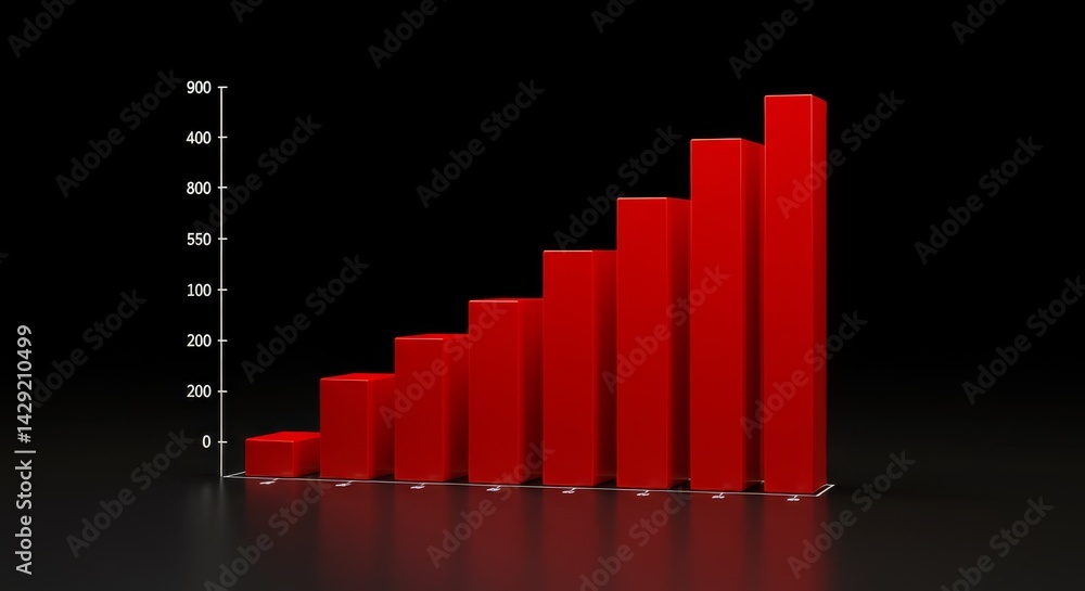 Poster bar chart data visualization: growth and progress - red 3d bar chart illustrates upward trend, symbo