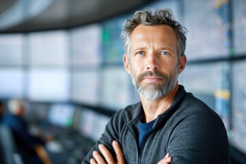 Experienced Engineer Portrait in High-Tech Control Room