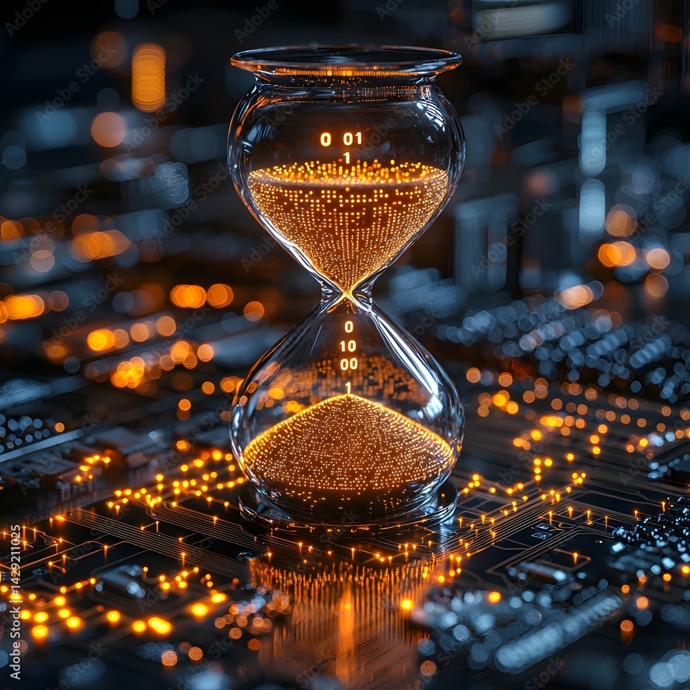 Poster a digital hourglass icon with flowing binary code on a glowing circuit board
