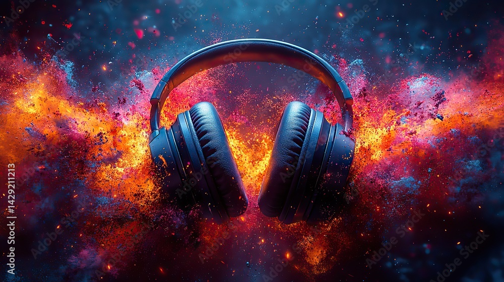 Poster wireless headphones surrounded by an explosion of vibrant paint splatters create a dynamic visual of