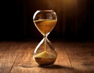 Golden sand hourglass on wooden surface with soft light
