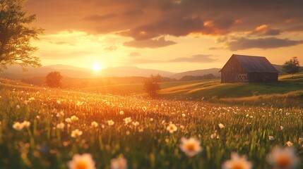 Idyllic countryside farm landscape during a breathtaking sunset illuminating flower field