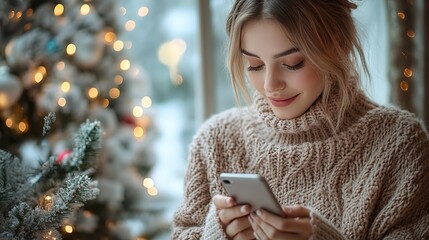 With blurred Christmas lights in the background, a woman wearing a knitted sweater is holding a smartphone displaying a security app, ensuring safe online shopping during the Christmas season.