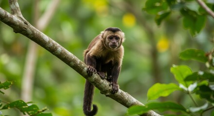 Fototapeta premium Capuchin Monkey on Branch - A curious capuchin monkey sits on a tree branch in a lush green forest, symbolizing nature, wildlife, primates, freedom, and tranquility