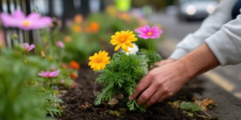 Hands Planting Bright Flowers Alongside Street