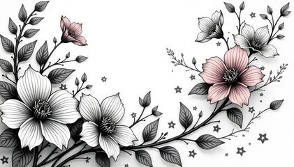 Intricate floral design with flowing lines and leaves in monochrome , monochrome, graphic, line art