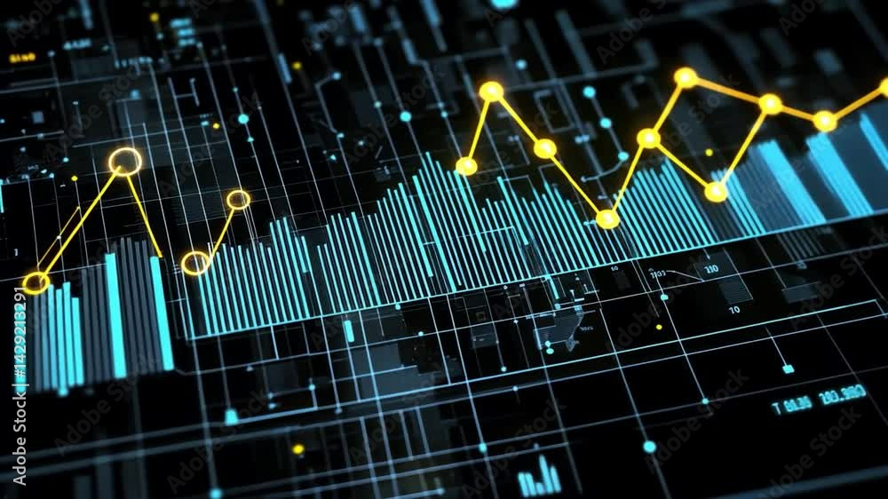 Poster abstract digital data visualization: neon blue and gold chart on circuit board background