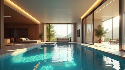 Obraz premium Stunning pool surrounded by lush greenery in a luxurious setting with surreal vibrant colors and cinematic quality