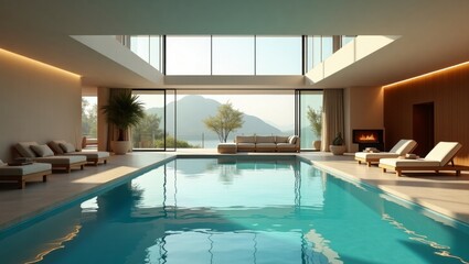 Fototapeta premium Stunning pool surrounded by lush greenery in a luxurious setting bathed in sunlight and vibrant atmosphere